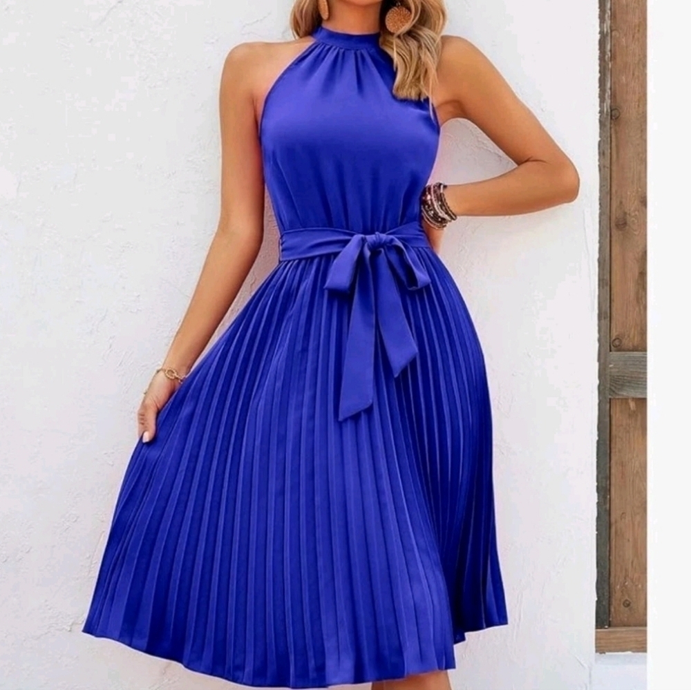 KIRUNDO Summer Sleeveless Halter Neck Pleated Midi Cocktail Dresses